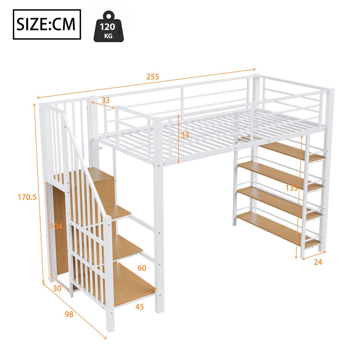 HOCHBETT 90/200 cm Weiß mit Sicherheitstreppe und Stauraum - Weiß, Metall (90/200cm) - OKWISH