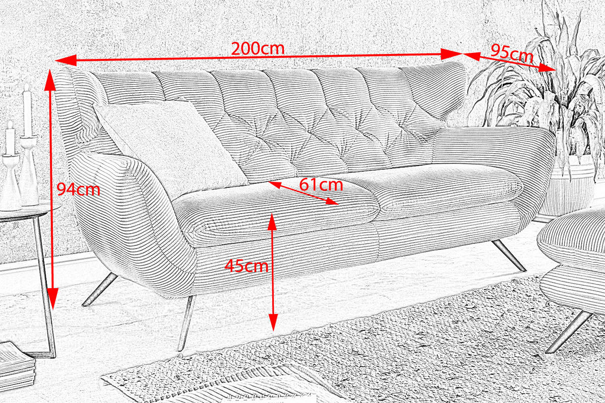 SOFA CHARME Smaragdgrün Cord - Smaragdgrün/Schwarz, Textil/Metall (200/94/95cm) - KAWOLA