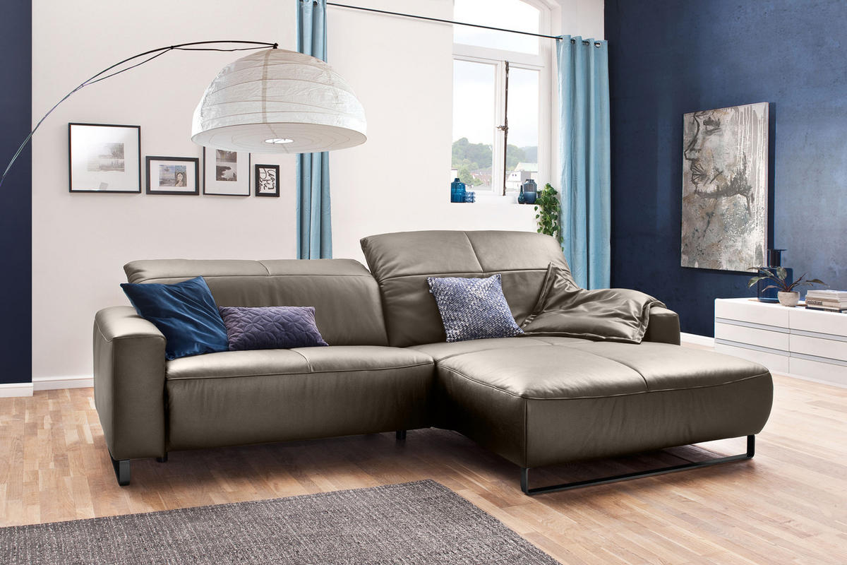 ECKSOFA MIT SITZTIEFENVERSTELLUNG YORK Lavagrau Leder - Greige/Schwarz, Leder (284/180cm) - KAWOLA