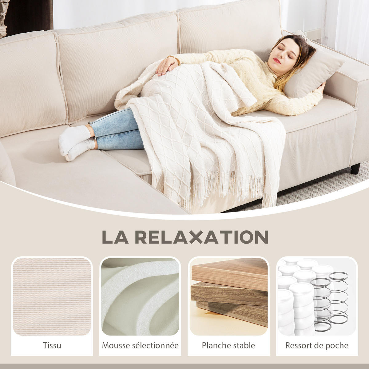 ECKSOFA Creme 3-Sitzer Cord 241/153/83 cm - Weiß, Textil (241/153cm) - PANGIVO