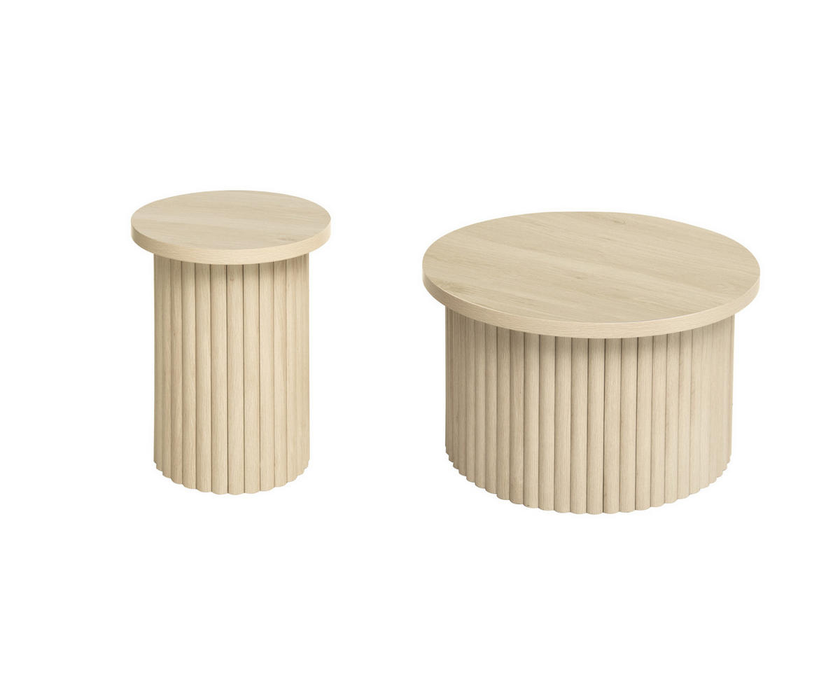 COUCHTISCH Set 2-teilig rund in natürlicher Holzoptik mit Wellenstruktur 68,7 cm und 40,1 cm - Naturfarben, Holzwerkstoff (68.7/68.7/40.6cm) - OKWISH