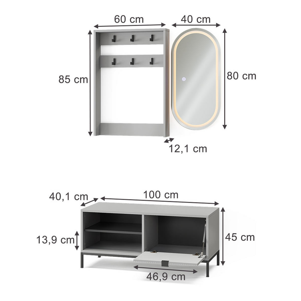 GARDEROBE Eliza Grau 100 x 45 cm Set, 3 Teile - Grau, Holzwerkstoff (100/45/40cm) - Vicco
