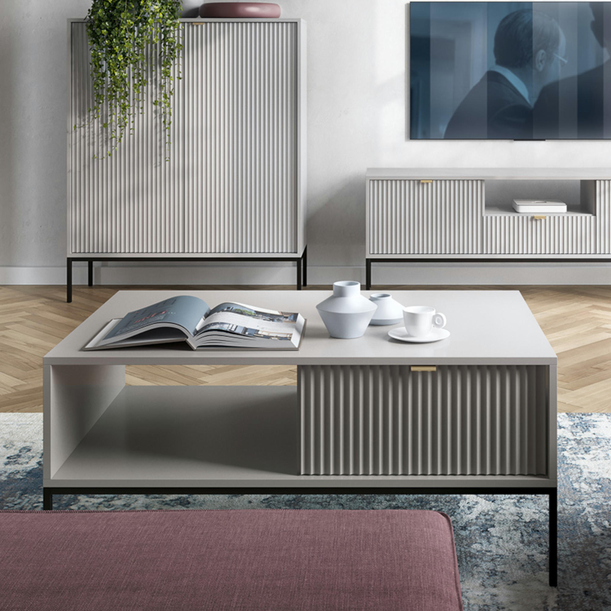 COUCHTISCH NANAIMO STO1-2S Profilierte Fronten, Grau - Grau, Holzwerkstoff/Kunststoff (68/104/48cm) - Komodee