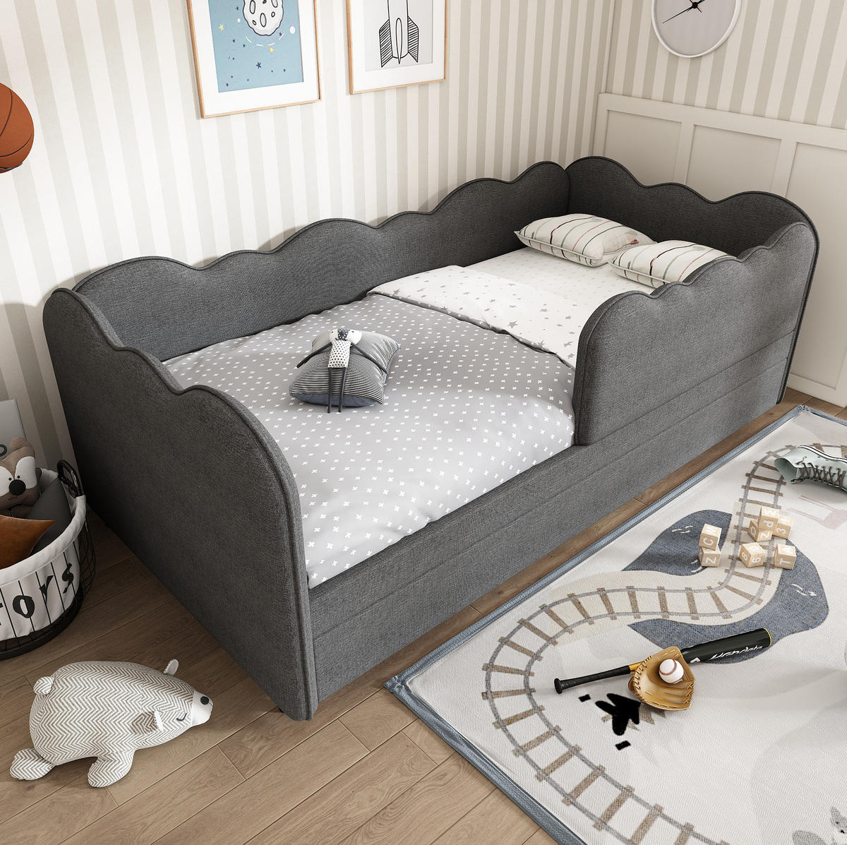 KINDERBETT Polsterbett 90/190 cm aus Leinen mit Ausziehbett Grau - Grau, Textil (90/190cm) - Modenvie