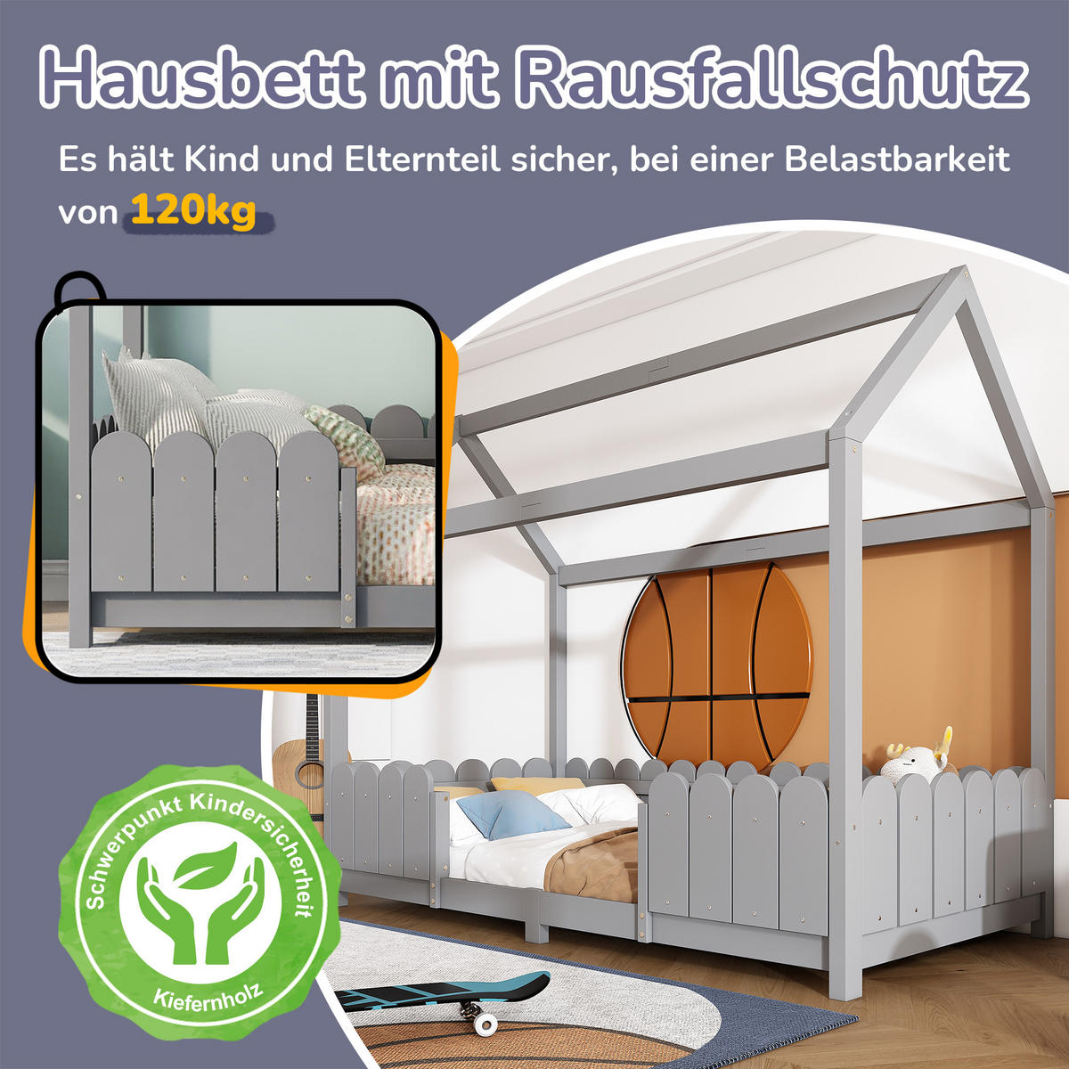 KINDEREINZELBETTEN aus Massivholz 90x200 cm in Grau mit Rausfallschutz & Lattenrost - Grau, Holz (90/200cm) - Modfu
