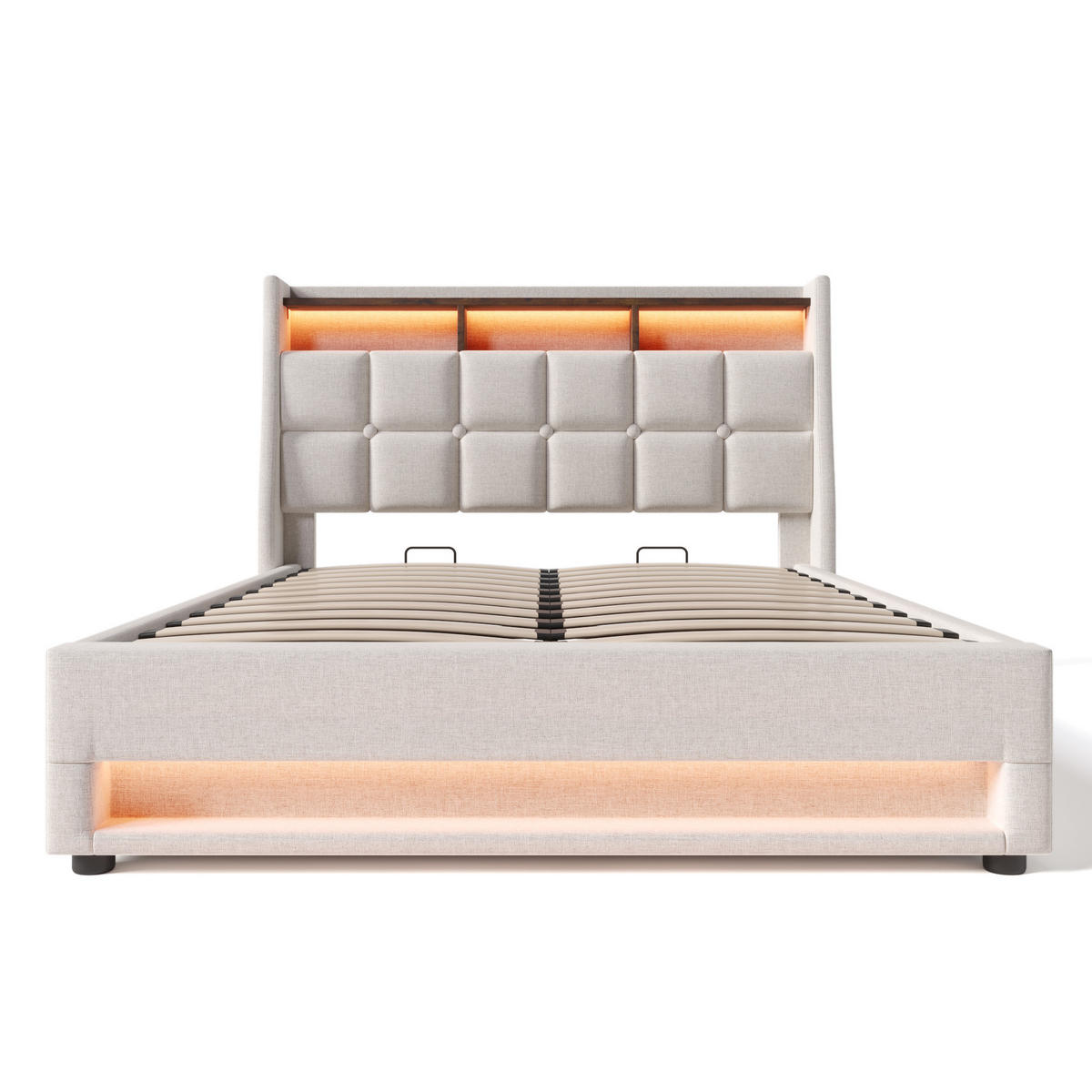 POLSTERBETT 140/200 cm mit LED-Beleuchtung, 2 USB-Anschlüssen, Bettkasten und Matratze, Beige - Beige, Textil (140/140cm) - Redom