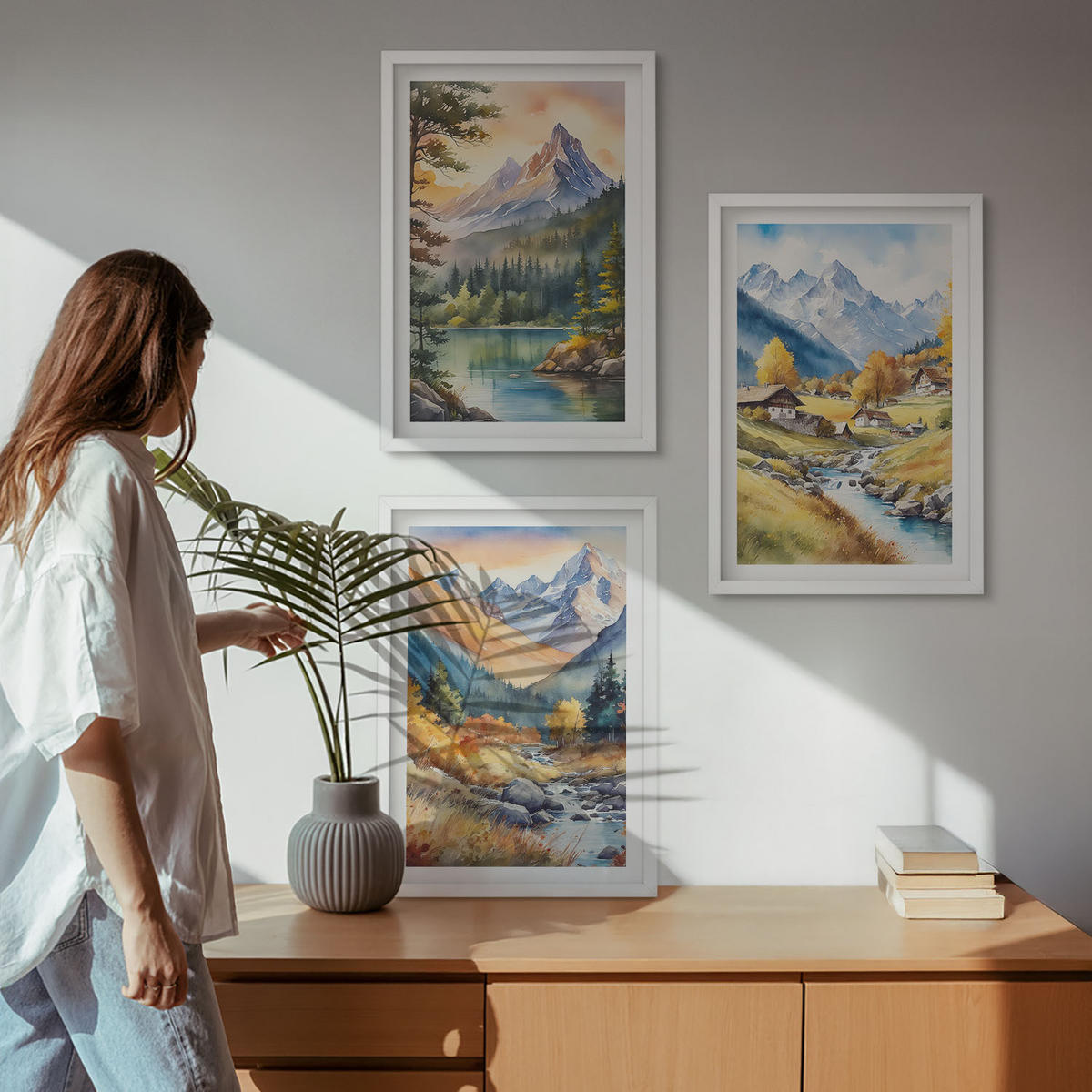 WANDBILDER 3er-Set - 40x60 cm Weißer Rahmen - Berglandschaft mit einem Fluss - Weiß, Kunststoff (40/60cm) - ArtPrintCave