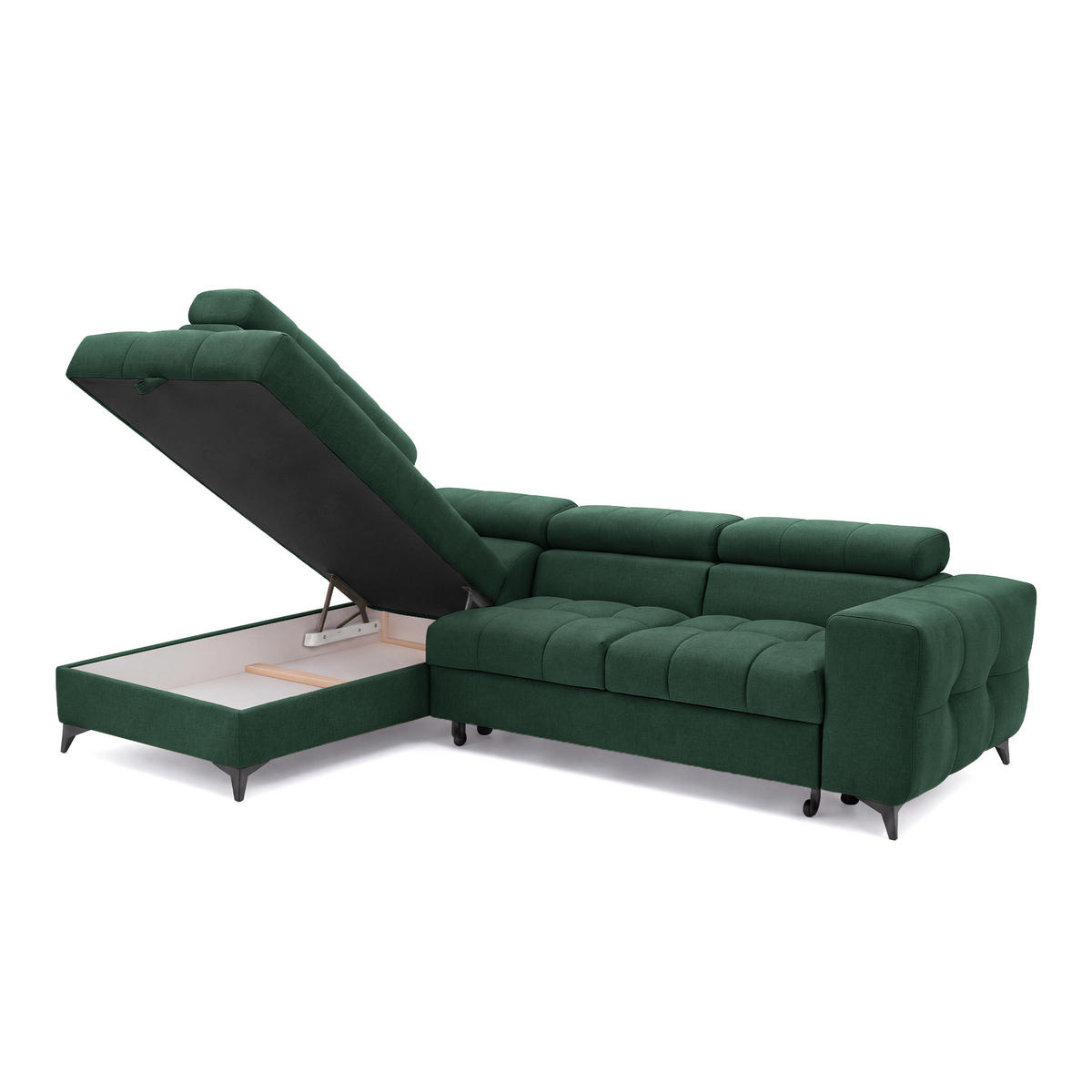 ECKSOFA PUDDING S Links mit Schlaffunktion 125x195 Velours Grün - Schwarz/Grün, Holz/Textil (177/275cm) - Muffo