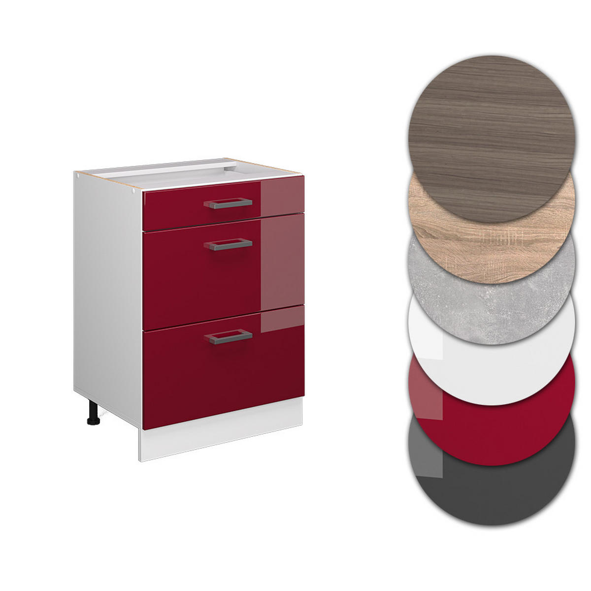 KÜCHENUNTERSCHRANK R-Line Rot Hochglanz 60 cm mit Schubladen, ohne Arbeitsplatte - Rot/Weiß, Holzwerkstoff (60/81.6/46cm) - Vicco