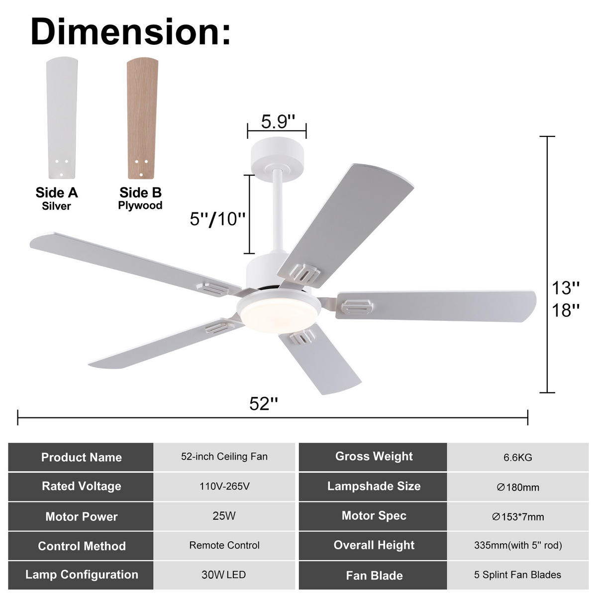 DECKENVENTILATOR 52Zoll LED Licht 5 Flügel Doppelfinish Weiß Holz - Weiß, Kunststoff (132/132/45cm) - CASIVA