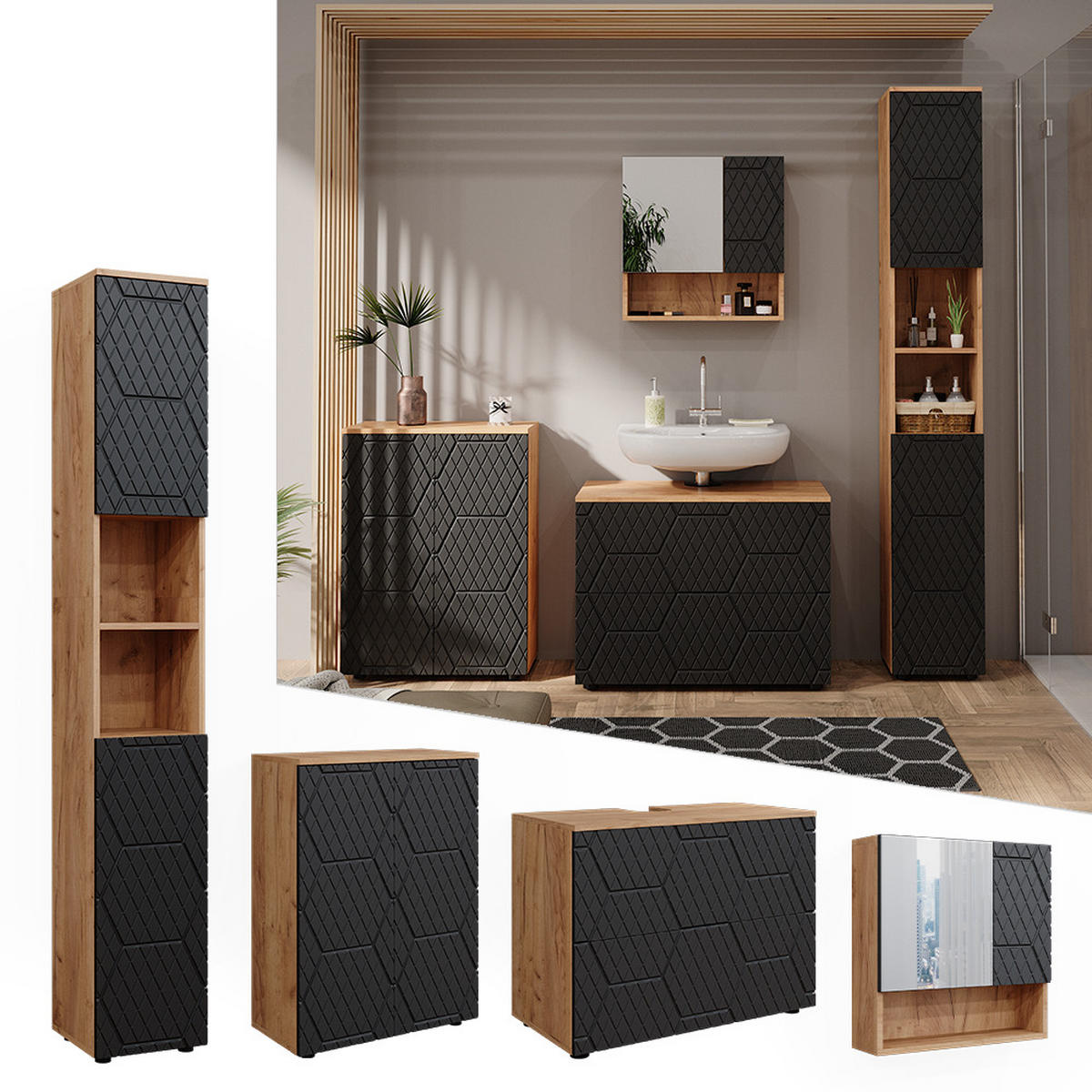 BADMÖBEL-SET Irma Anthrazit gestreift 4 Teile - Honigeiche/Anthrazit, Holzwerkstoff (80/58/41cm) - Vicco