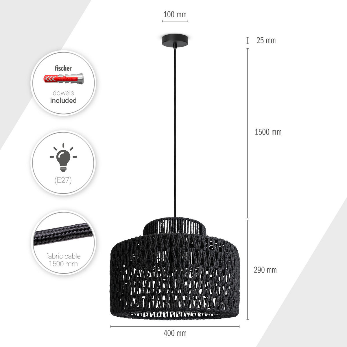 PENDELLEUCHTE Hugo Pd1 Mike - Schwarz, Metall (40/40/29cm) - Paco Home