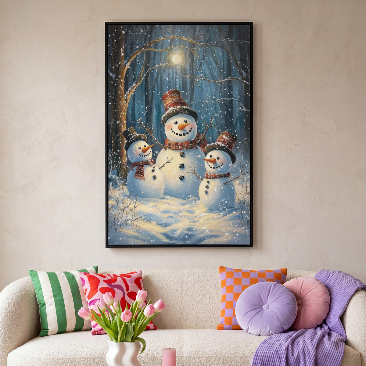 LEINWAND Bilder mit Rahmen - Schneemann - Schnee - Winter - Wald - 80x120 - Hellblau, Textil (80/120cm) - MuchoWow