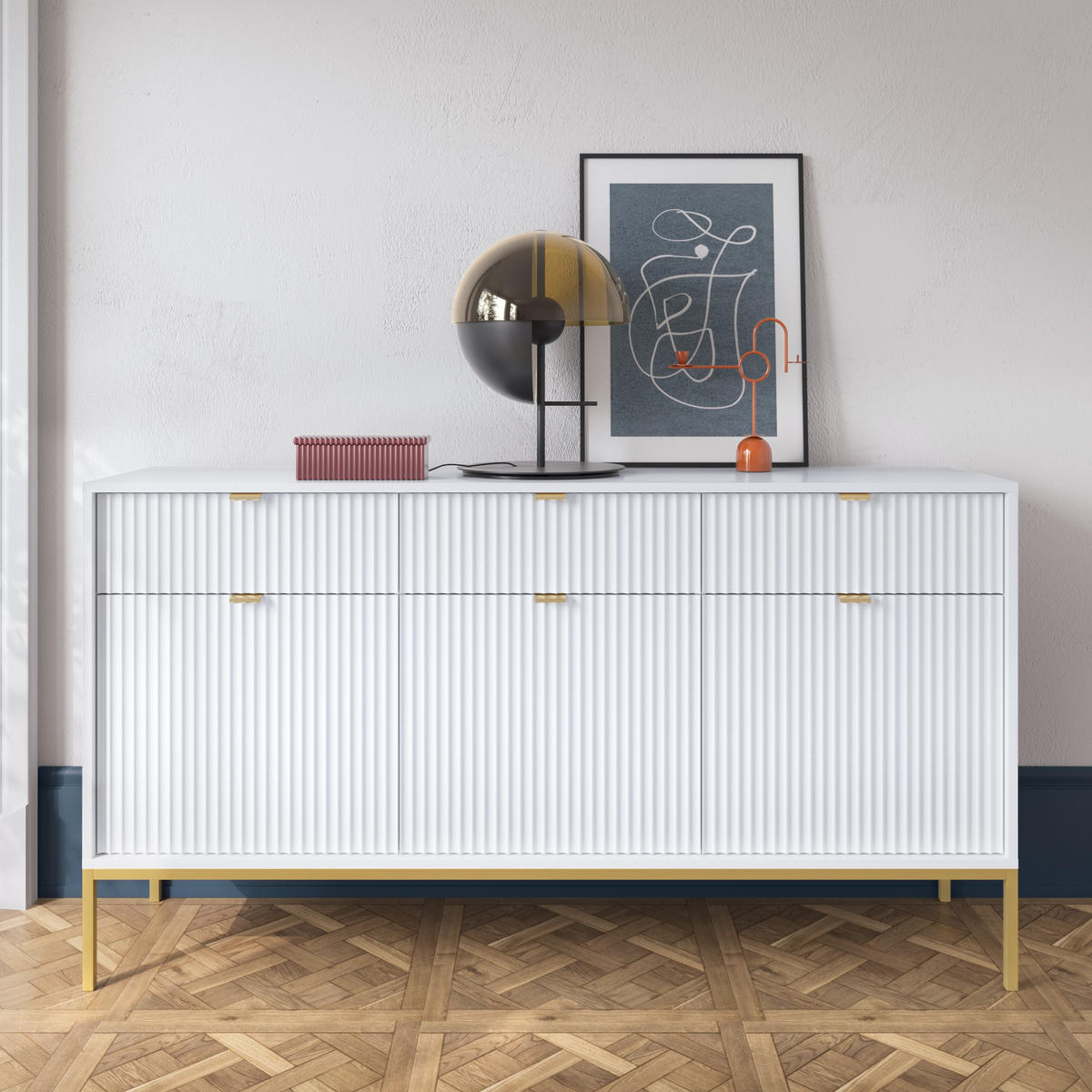 WEISSE Moderne Geriffelte Kommode KIOTO K3D3SZ (Gold Gestell, Soft-Close Türen) - Goldfarben/Weiß, Holz/Holzwerkstoff (154/83/39cm) - Ravio