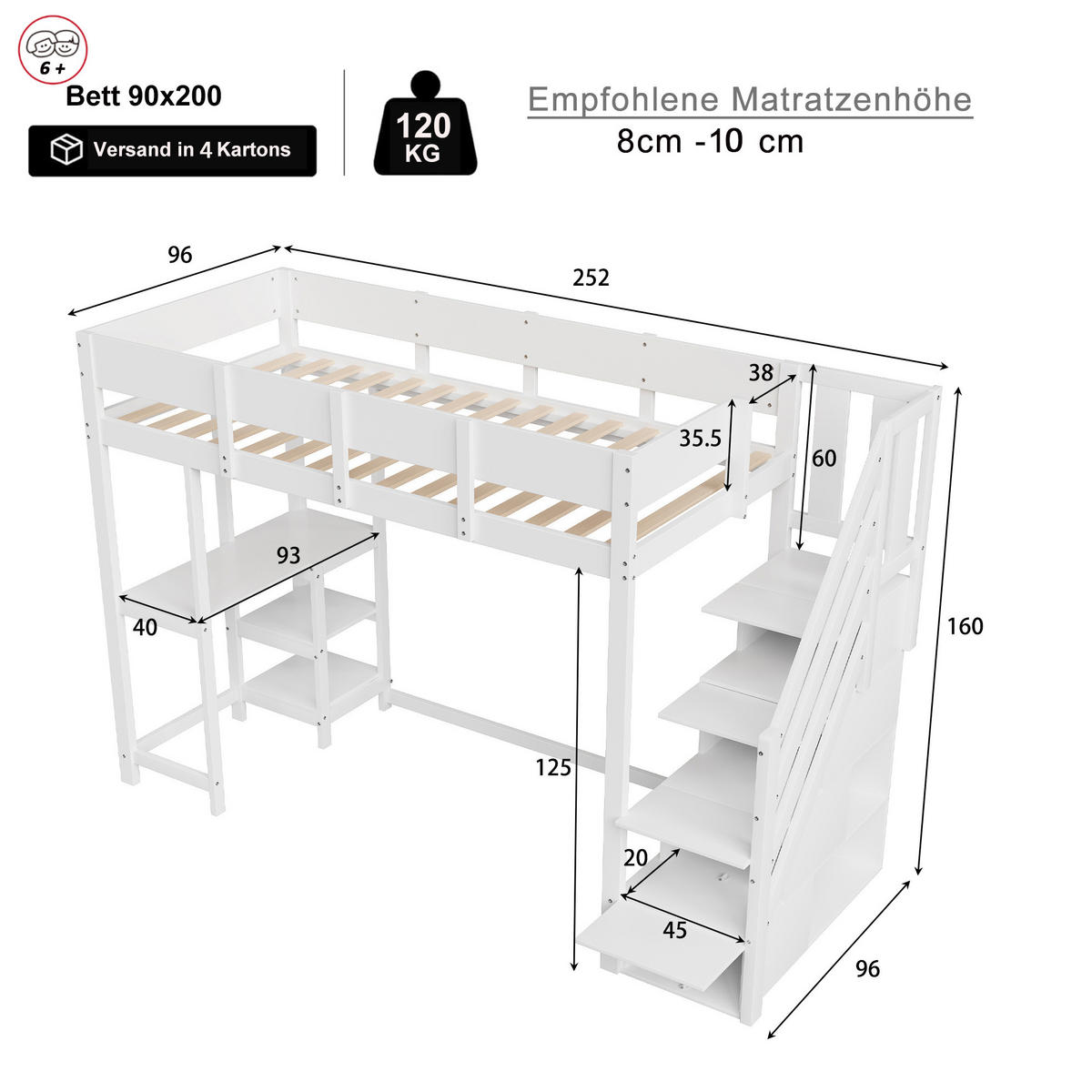 HOCHBETT aus Kiefernholz 90x200 cm Weiß mit Stauraumtreppe, Ablageregal und Rundum-Schutzgittern - Weiß, Holzwerkstoff (90/200cm) - Modfu
