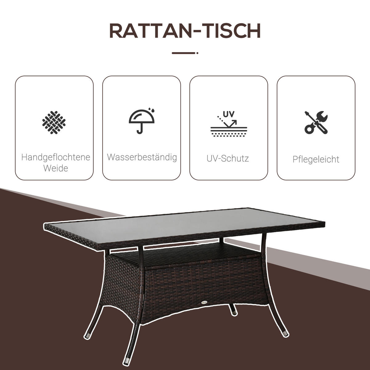 ESSTISCH, Braun + Schwarz, Metall, Sicherheitsglas, Polyrattan - Braun, Kunststoff (150/85/74cm) - Outsunny