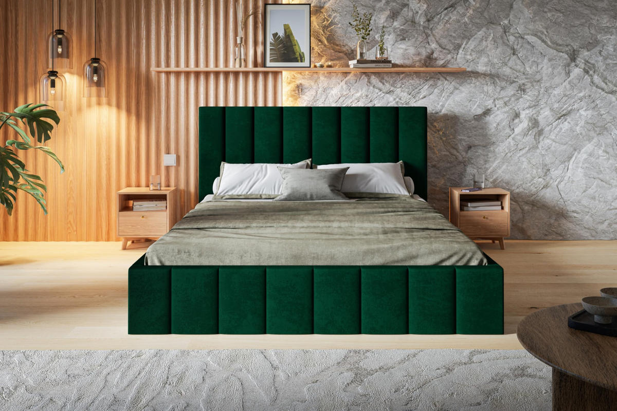 BETT 90x200 - Polsterbett mit Bettkasten und Holzrahmen - Modern Betten - Glatter Kronos-Stoff- Kollektion Toledo - Grün - Grün, Holz/Textil (90/200cm) - Alpi-Möbel
