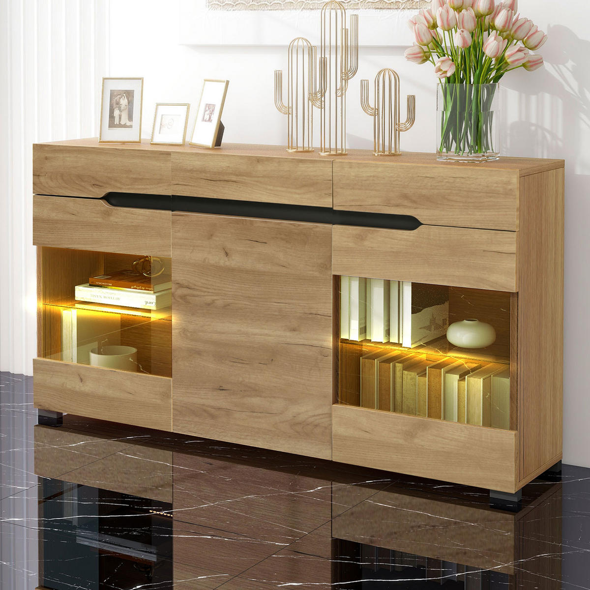 SIDEBOARD LED Modern 3 Türen 3 Schubladen Stauraum Wohnbereich - Eichefarben, Holzwerkstoff (35/80/140cm) - FLIEKS