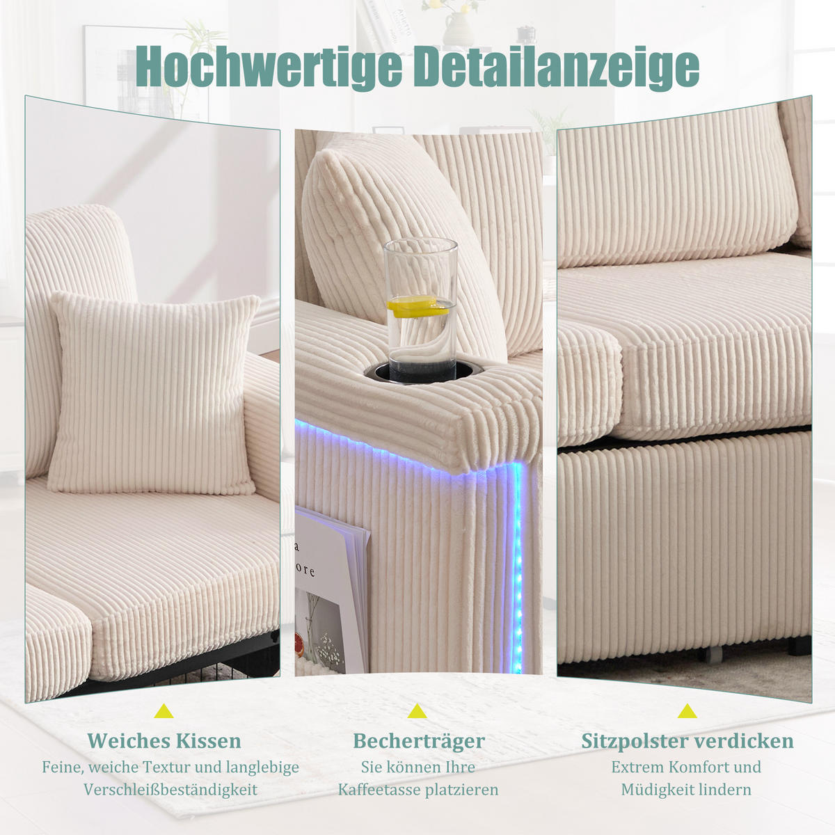 ECKSOFA 194/73/81 cm Beige mit LED-Beleuchtung, Stauraum-Fußteil, 2 Schubladen, Getränkehaltern und Seitentaschen - Beige, Textil (194/73cm) - Oxeza