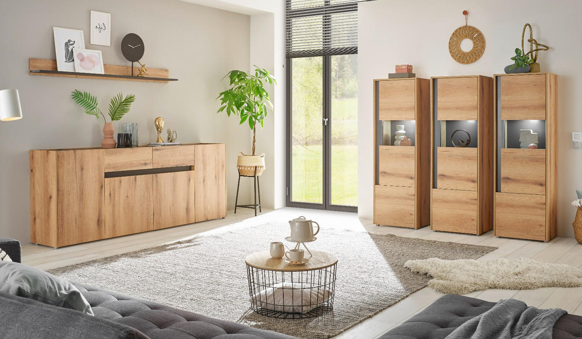 SIDEBOARD Evoke Eiche, grau, Kommode 223 x 87 cm - Eichefarben/Silberfarben, Holzwerkstoff/Kunststoff (312/198/42cm) - Furn.Design