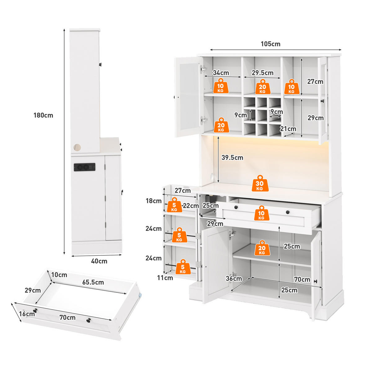 BUFFET 105/180/40 cm Weiß aus MDF mit LED-Beleuchtung - Weiß, Holzwerkstoff (40/180/105cm) - OKMYHOME