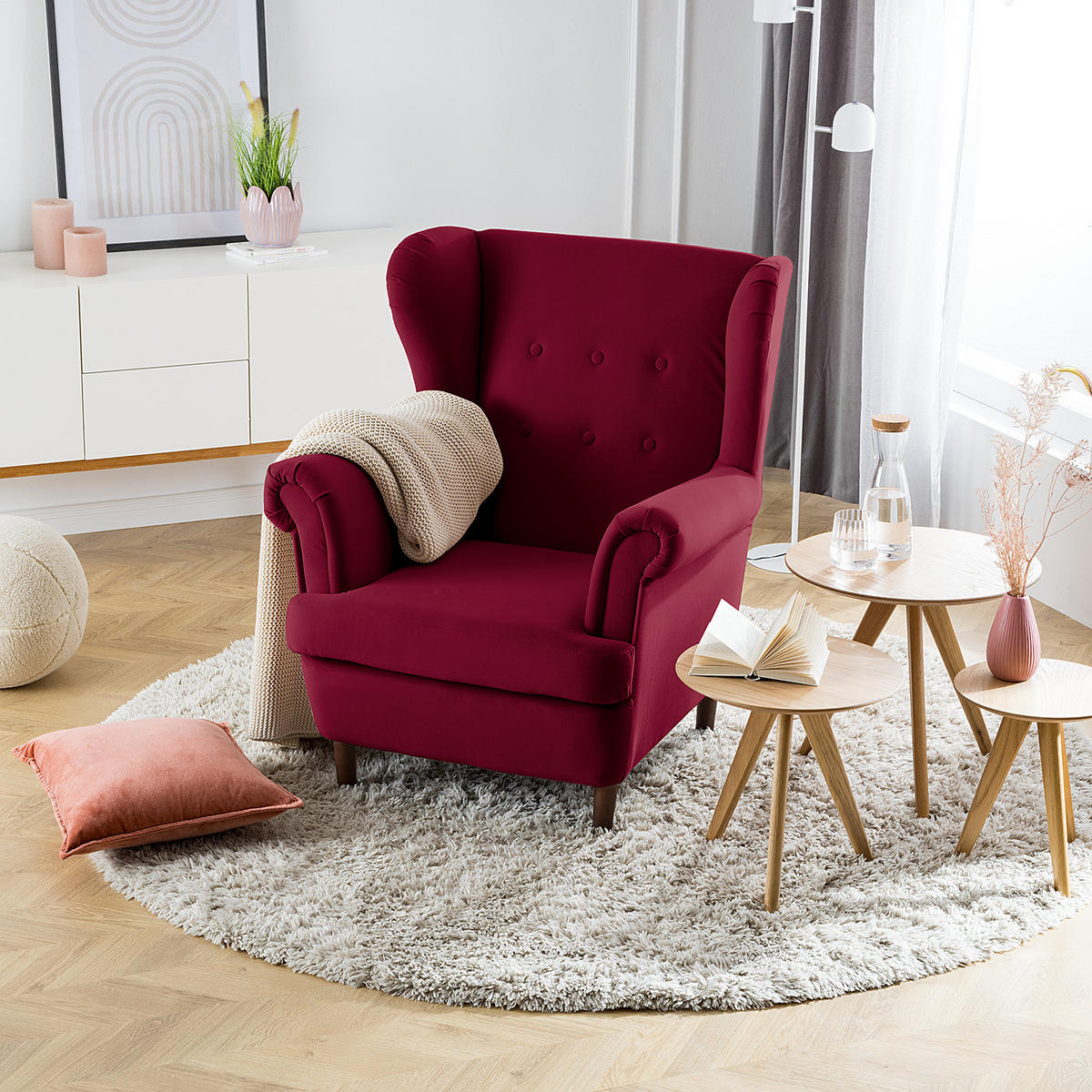 OHRENSESSEL - Dunkelbraun/Weinrot, Birkenholz/Textil (85/101/89cm) - home24