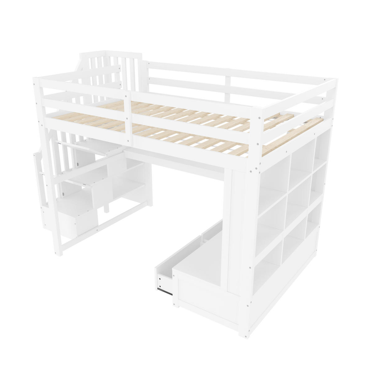HOCHBETT 140x200cm, Schreibtisch, Regale, Schubladen, Stauraumtreppe, Weiß - Weiß, Holzwerkstoff (140/200cm)