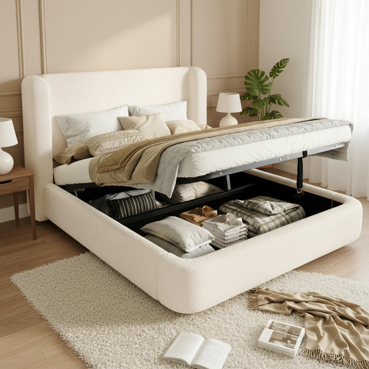 POLSTERBETT 160x200cm Beige Bouclé Mit Hydraulik & Stauraum - Beige, Textil (160/200cm) - FLIEKS