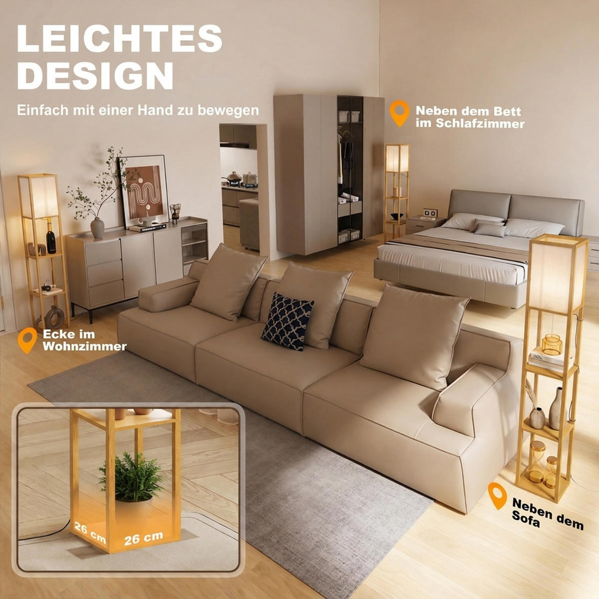 STEHLEUCHTE MDF Eiche Weiß - Eichefarben, Holzwerkstoff (26/26/160cm) - HOMCOM