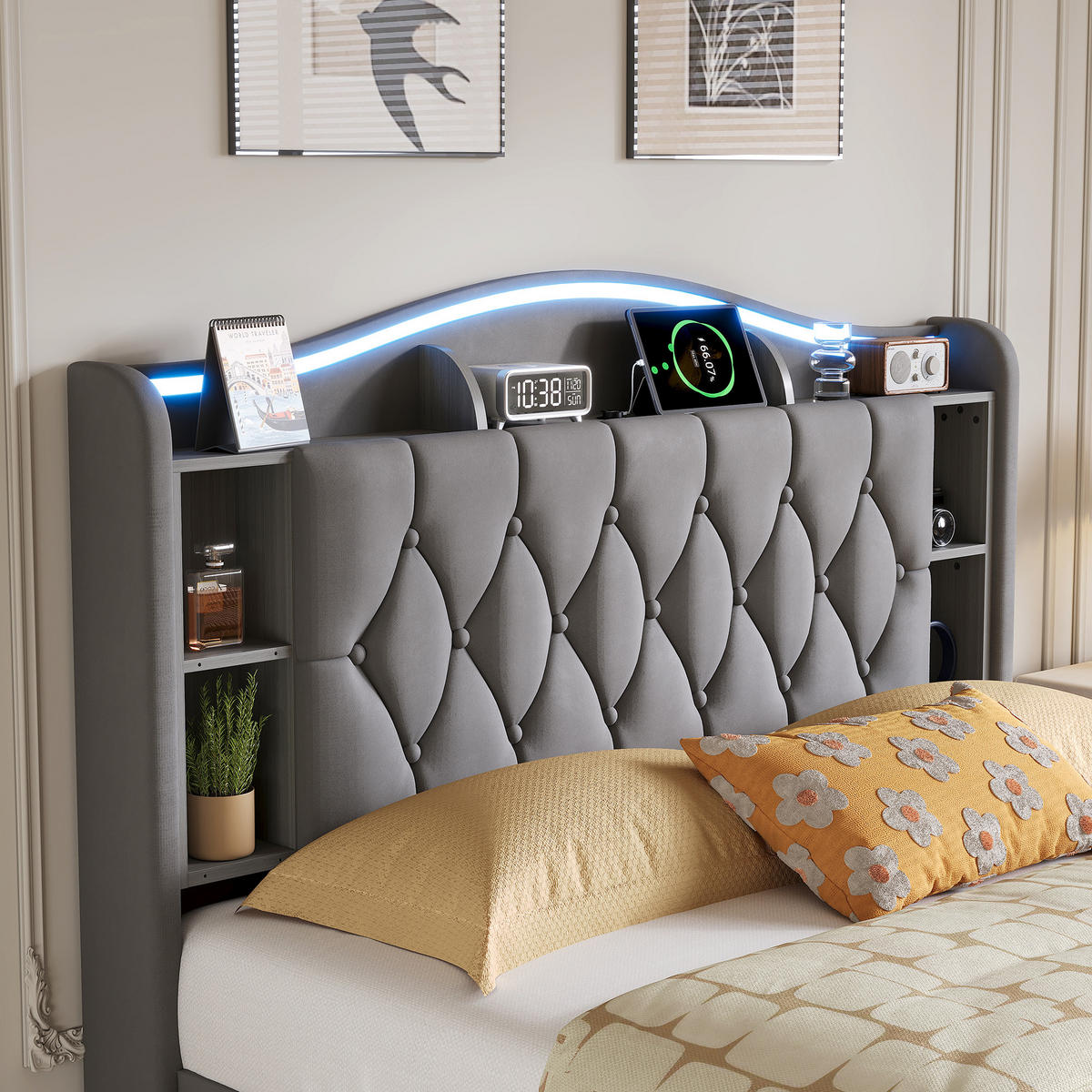 POLSTERBETT 140/200 cm grau mit Stauraum, LED und USB - Grau, Holz