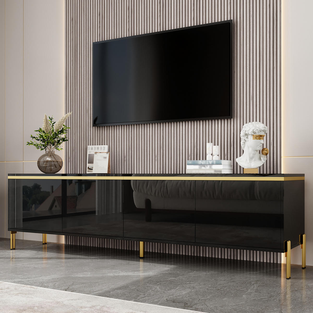 TV-SCHRANK Lowboard Hochglanz 4 Türen Goldkante - Schwarz, Holzwerkstoff (170/50/38cm) - Fortuna Lai