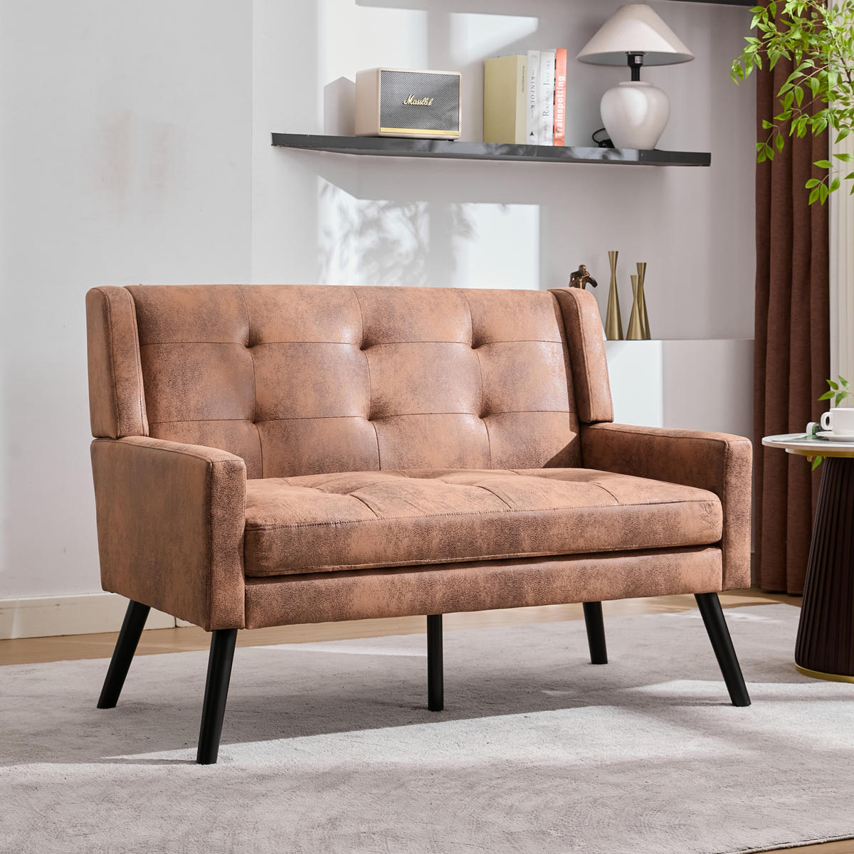 SITZBANK 2-Sitzer Suedevlies-Polster mit Knopfheftung, Massivholzbeinen 119/75/88 cm Dunkelbraun - Dunkelbraun, Textil (75/88/119cm) - Redom