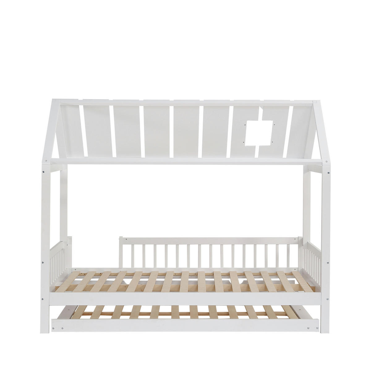 HAUSBETT 120/200 cm & 120/190 cm in Weiß mit Rollbett, 3-seitigem Gitter und Dach mit Kaminleiste - Weiß, Holzwerkstoff (120/200cm) - STILVORA
