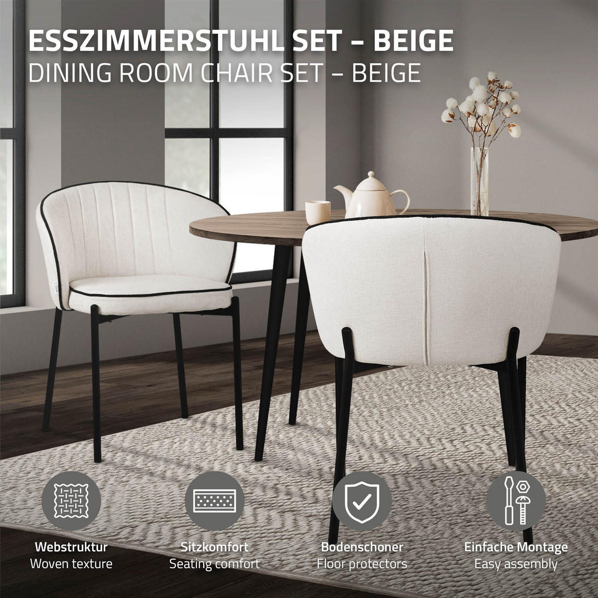 ESSZIMMERSTÜHLE 4er Set Beige - Beige/Schwarz, Textil/Metall (60/75/59cm) - ML-DESIGN