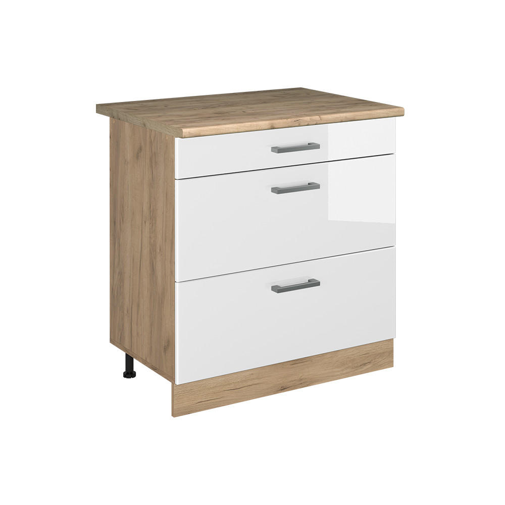 KUCHYNSKÁ SPODNÁ SKRINKA R-Line, Biely vysoký lesk/Dub Goldkraft, 80 cm s 3 zásuvkami Goldkraft tammi työtaso - biela s vysokým leskom/farba duba, kompozitné drevo (80/81.6/60cm) - Vicco