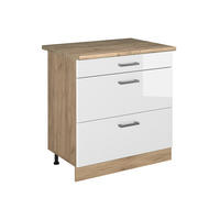 KUCHYNSKÁ SPODNÁ SKRINKA R-Line, Biely vysoký lesk/Dub Goldkraft, 80 cm s 3 zásuvkami Goldkraft tammi työtaso - biela s vysokým leskom/farba duba, kompozitné drevo (80/81.6/60cm) - Vicco