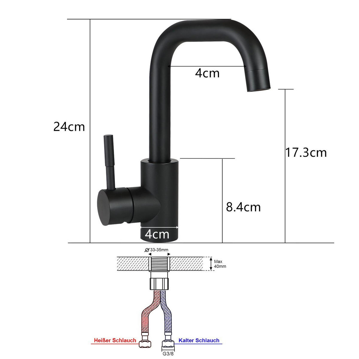 KÜCHENARMATUR Quellin 4/24/14 cm - Schwarz, Metall (4/24/14cm) - ZMH