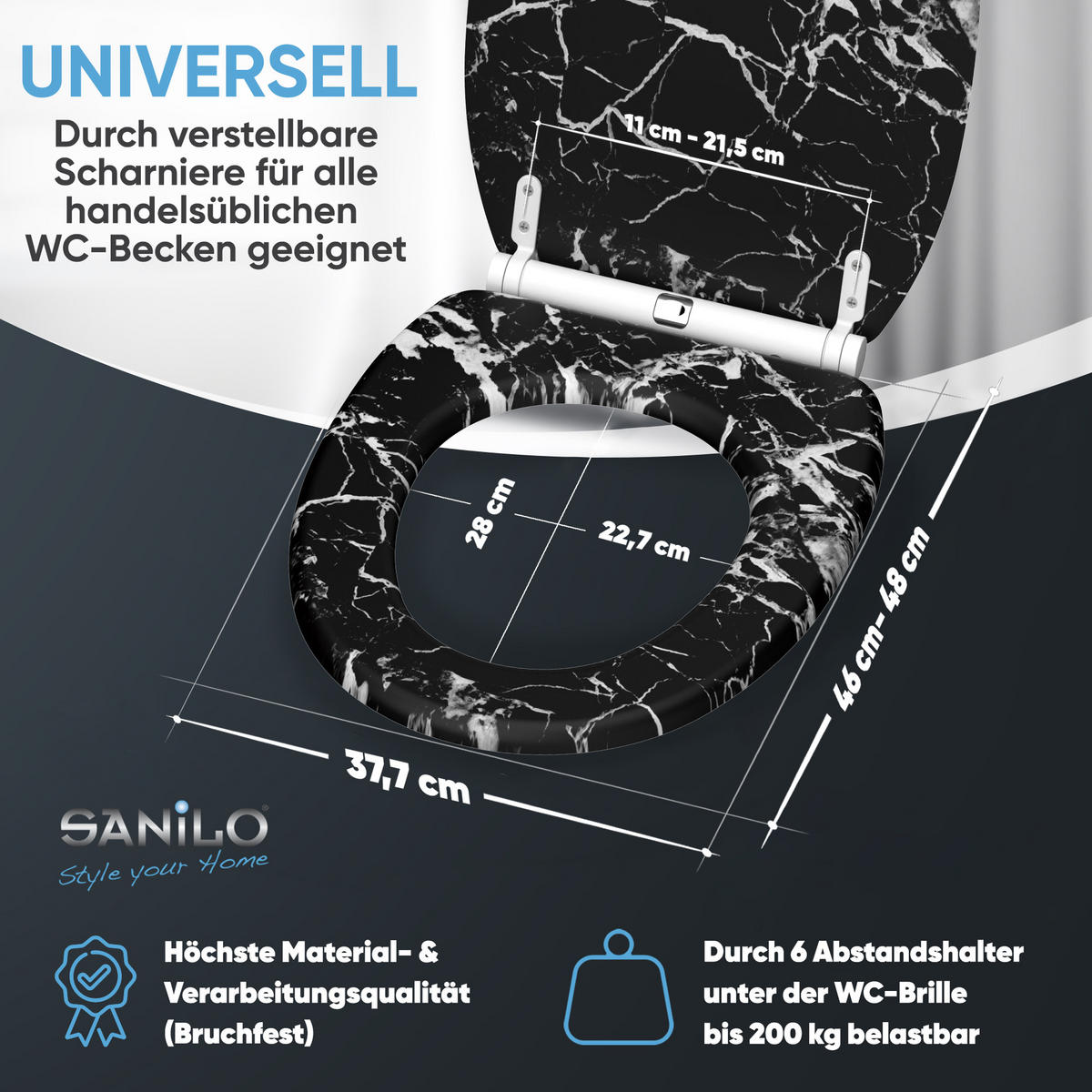 WC-SITZ mit Absenkautomatik & Top Fix Marmor Schwarz - Schwarz, Holzwerkstoff (37.7/5.5/48cm) - Sanilo