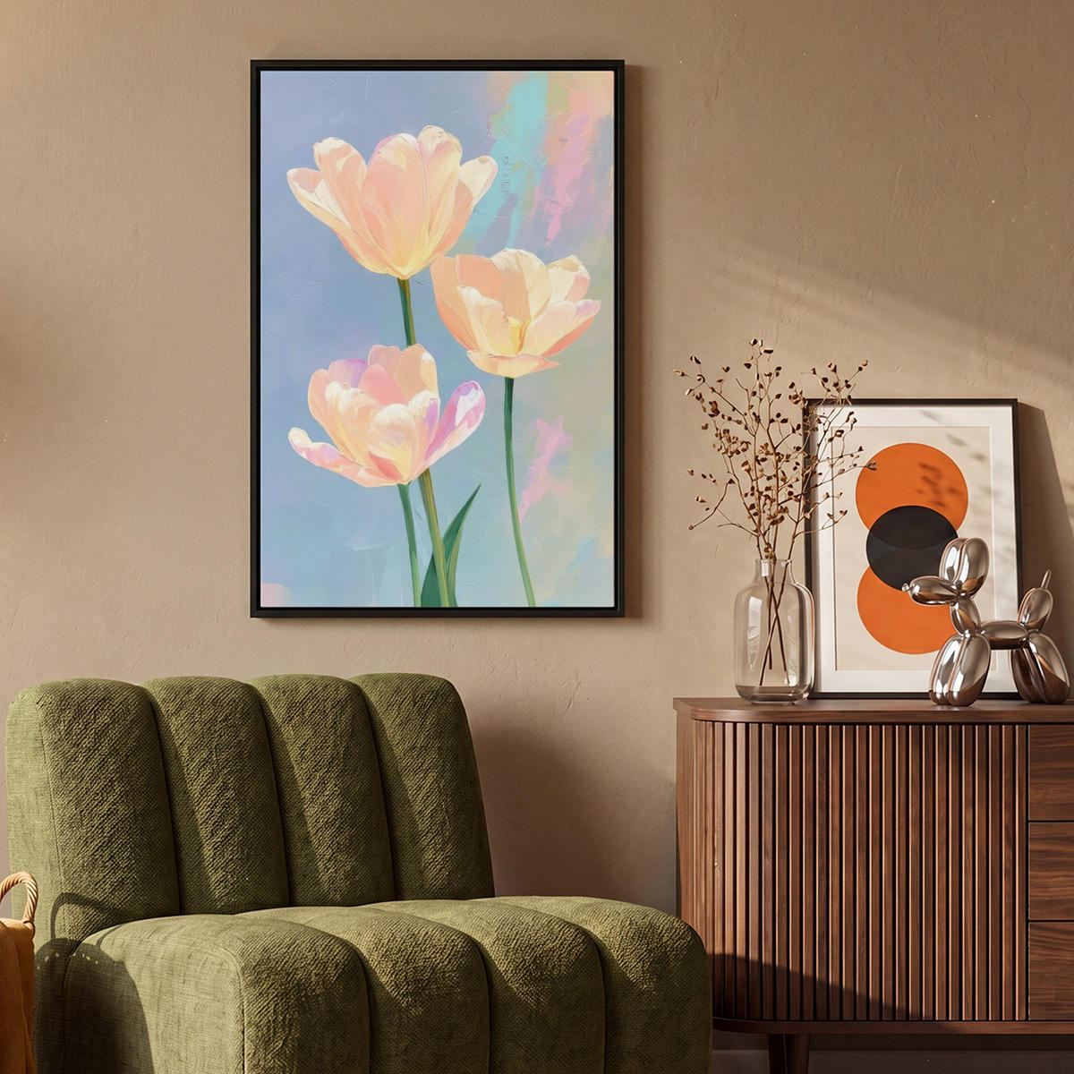 LEINWAND Bilder mit Rahmen - Tulpen - Rosa Akzente - Blau - 60x90 - Pastellblau, Textil (60/90cm) - MuchoWow