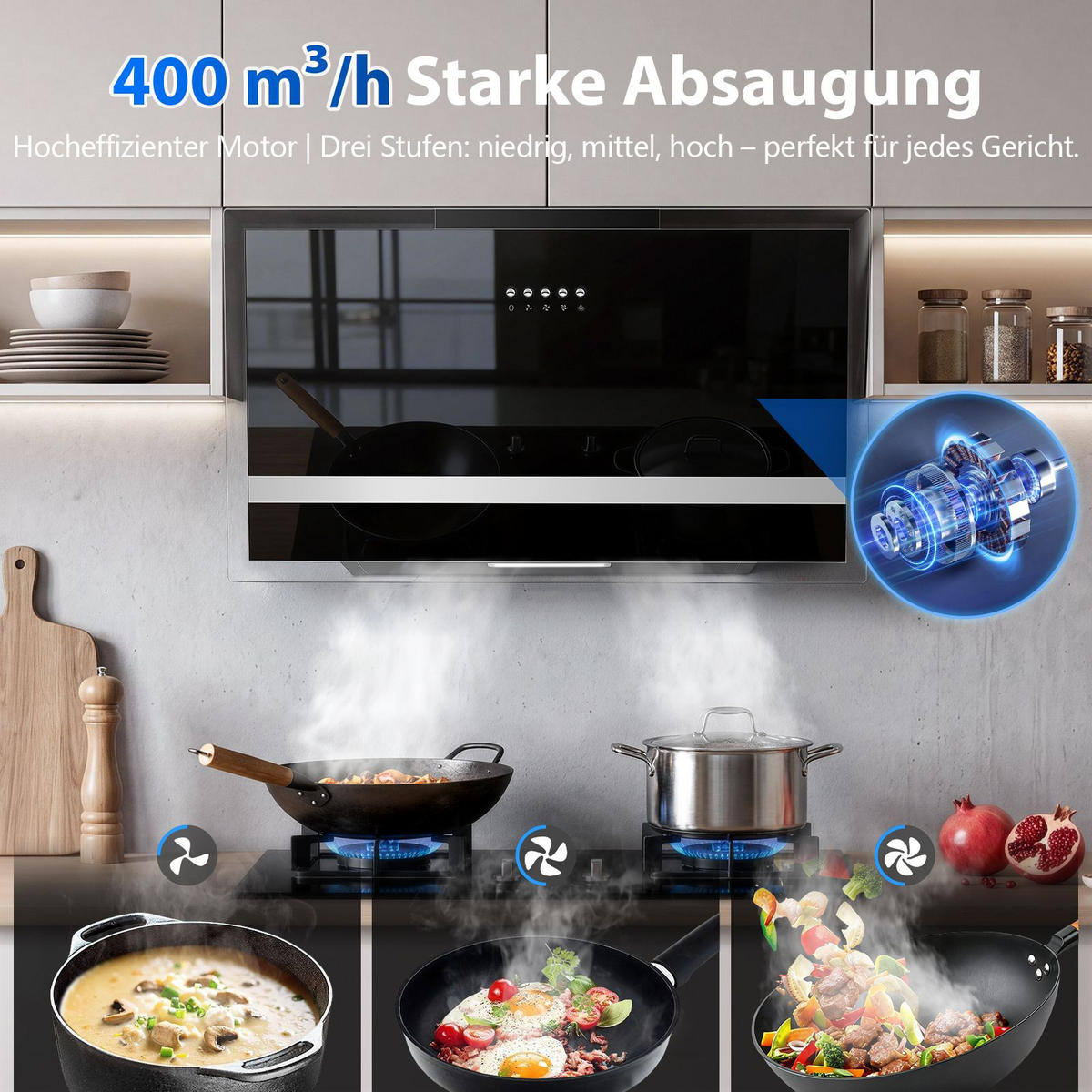 DUNSTABZUGSHAUBE Schwarz mit LED-Beleuchtung, Filter, Umluftfunktion - Schwarz, Metall (40.51/47.01/65.5cm) - Korfee