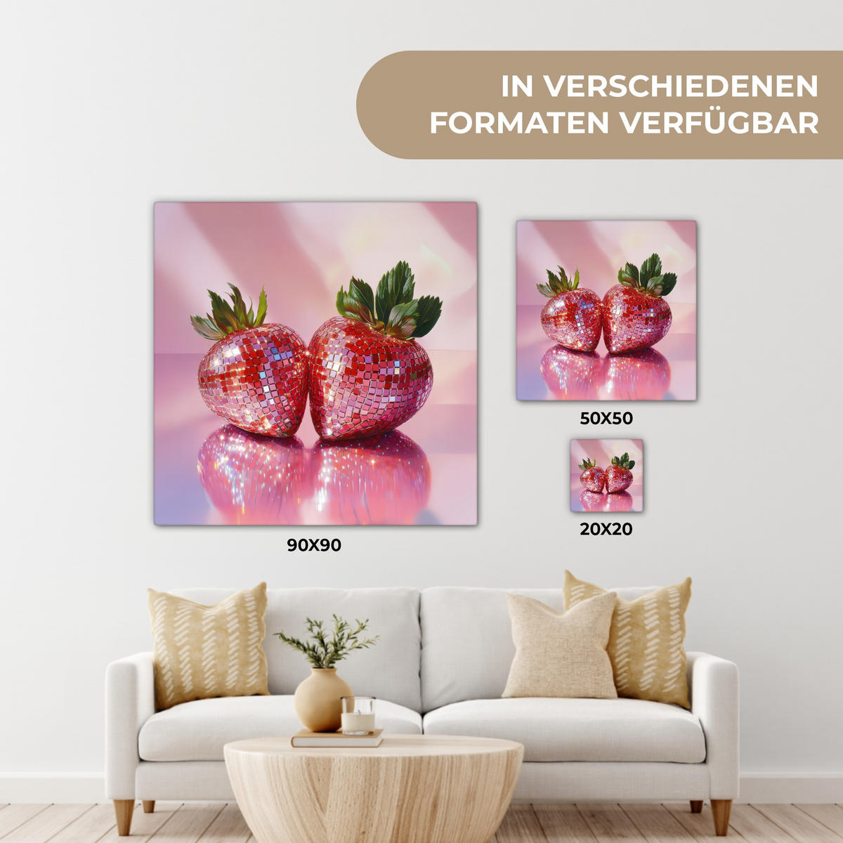 LEINWANDBILD Disco - Obst - Glitzer - Erdbeere 50x50 cm - Pink, Textil (50/50cm) - MuchoWow