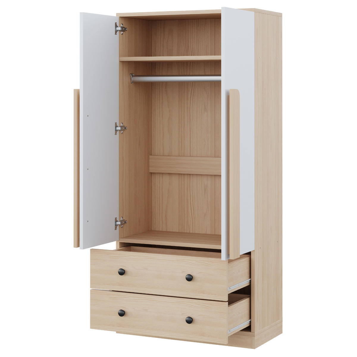 KLEIDERSCHRANK aus Holz 70x40x170 cm Natur/Weiß mit Doppeltüren und 2 Schubladen - Naturfarben, Holzwerkstoff (70/170/40cm) - Modfu
