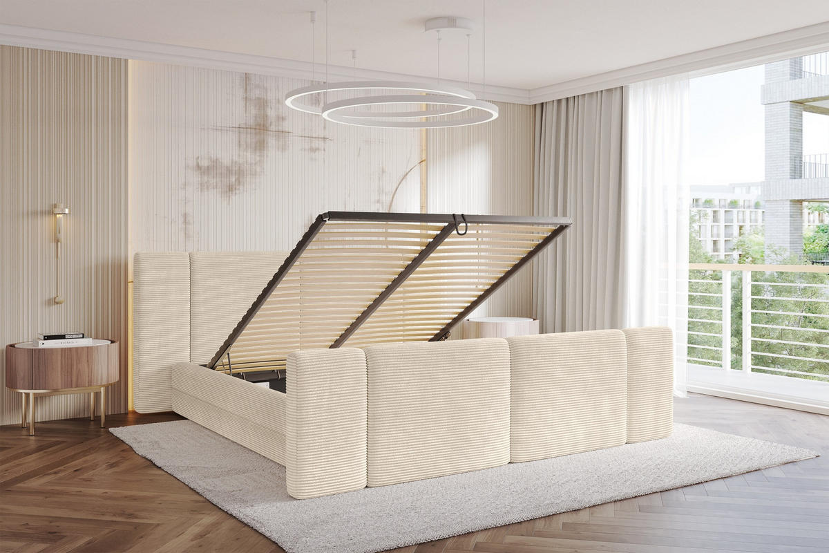 POLSTERBETT mit Bettkasten, Fußteil und Lattenrost, Bett mit Matratze H3/H4 - TEVO-Z 200x200 Beige - Creme, Holzwerkstoff/Textil (200/200cm) - ALTDECOR