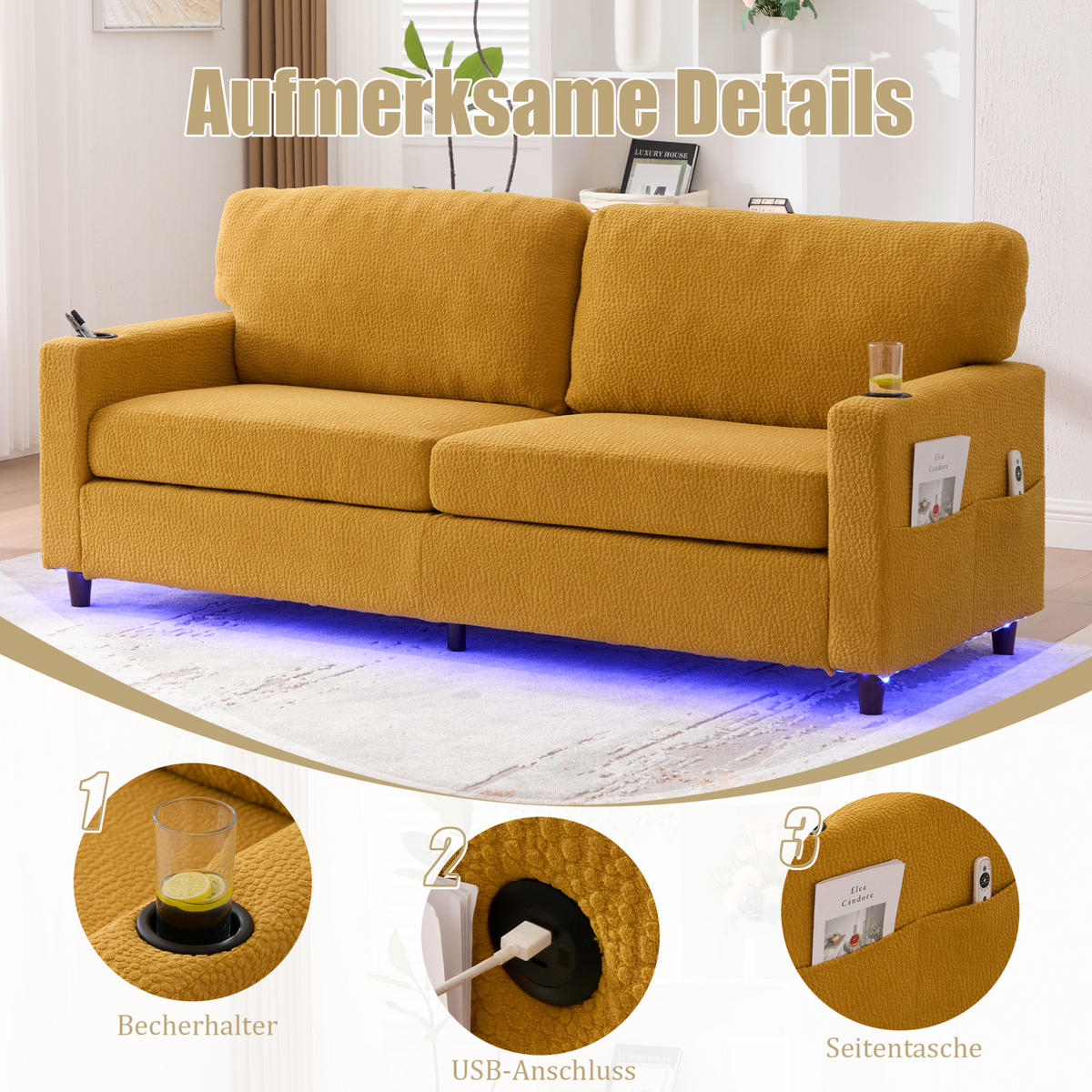 ZWEISITZER Sofa Chenille mit USB-Anschluss und LED Getränkehalter 203/77,5/86 cm Gelb - Gelb, Textil (77.5/86/203cm) - Redom