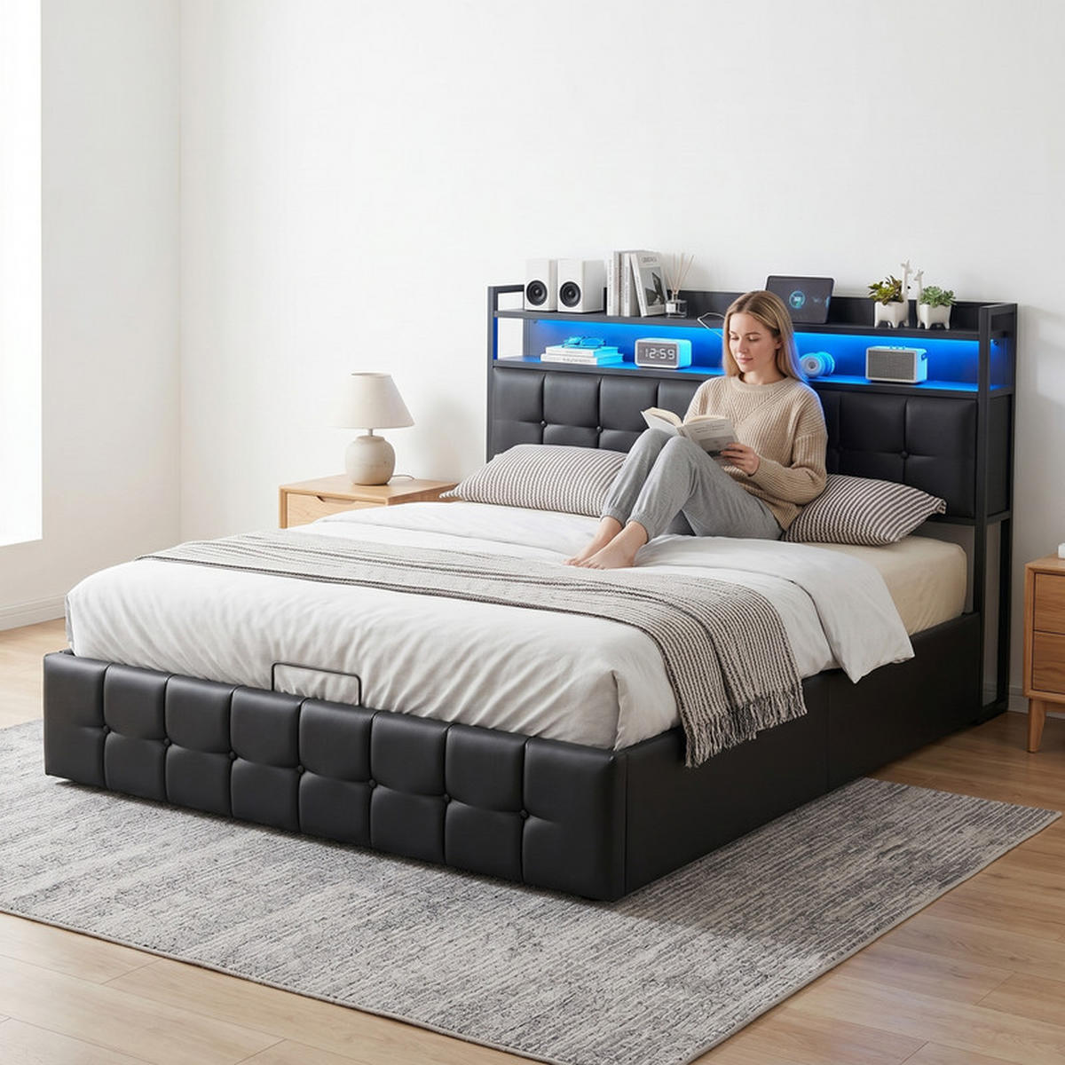 POLSTERBETT 140/190 cm schwarz mit Stauraum, LED und USB - Schwarz, Holz