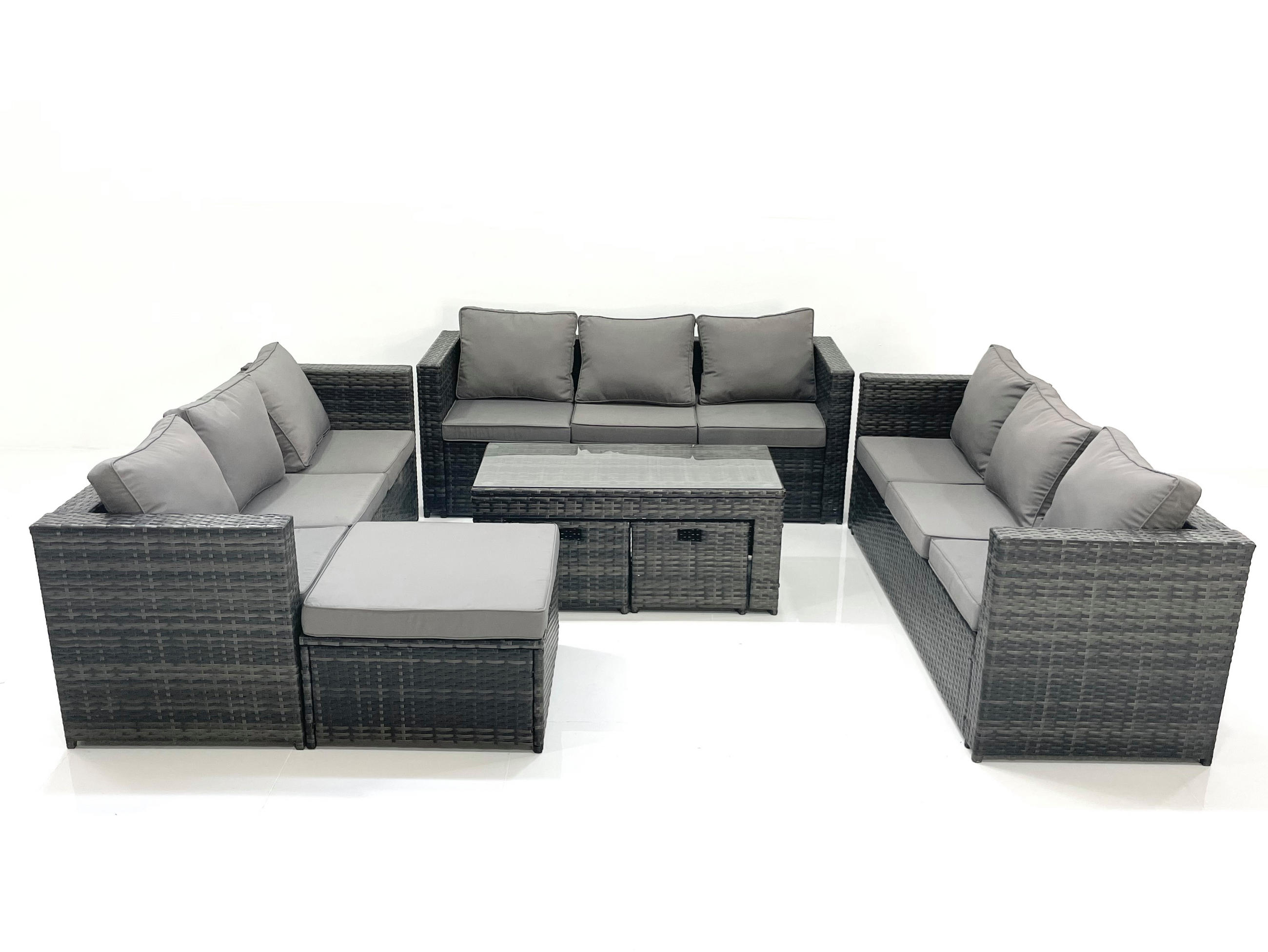 GARTENMÖBEL COUCHTISCH SET mit Sofa Polyrattan Outdoor 12-Sitzer - Dunkelgrau/Grau, Glas/Kunststoff - Fimous