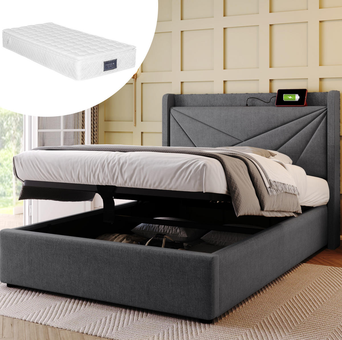 POLSTERBETT 90/200 cm Grey aus Baumwolle Leinen mit Bettkasten - Grau, Textil (90/200cm) - OKMYHOME