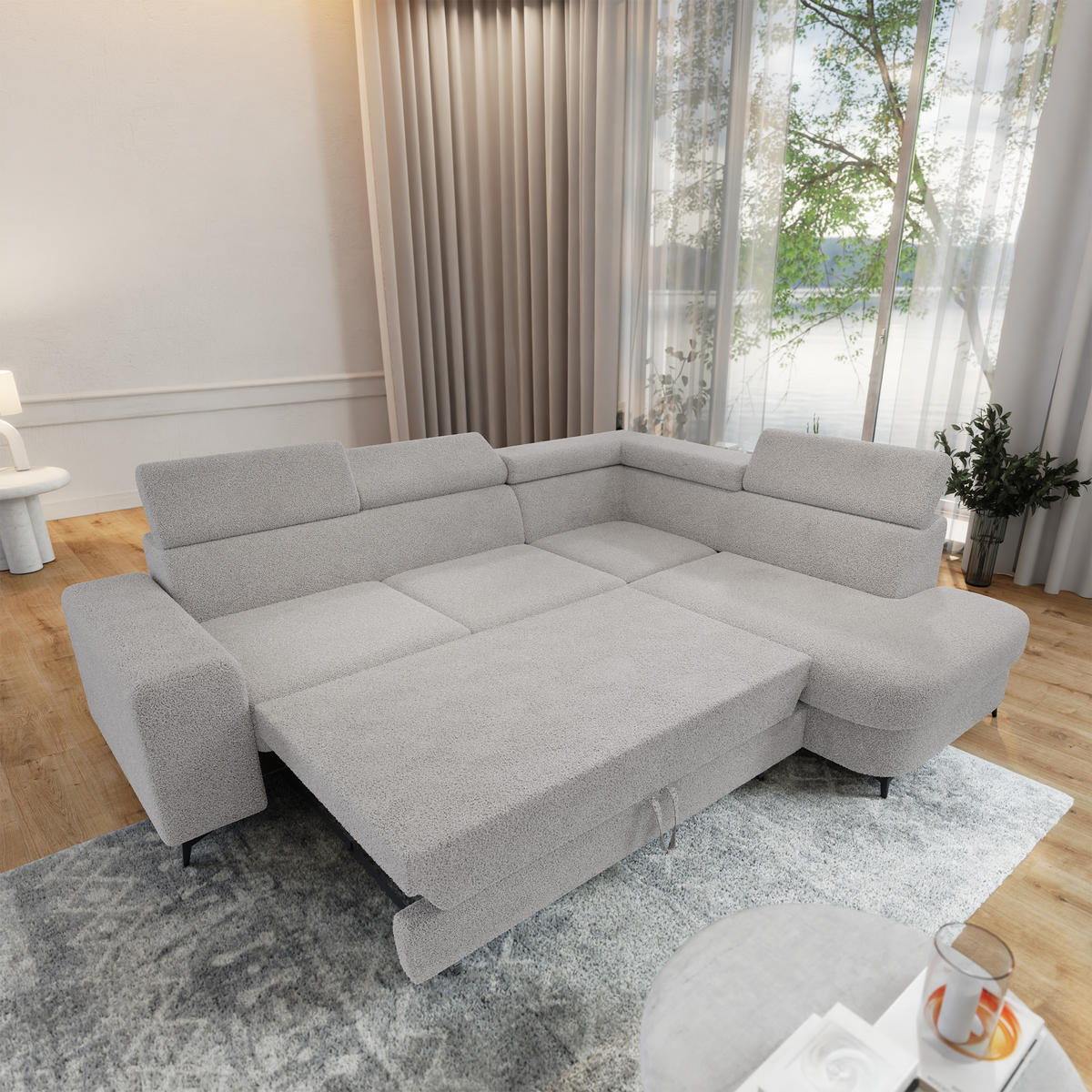 ECKSOFA ALVORO R-S Hellgrau Boucle-Stoff mit Schlaffunktion - Hellgrau, Holz (253/190cm) - MASSENO