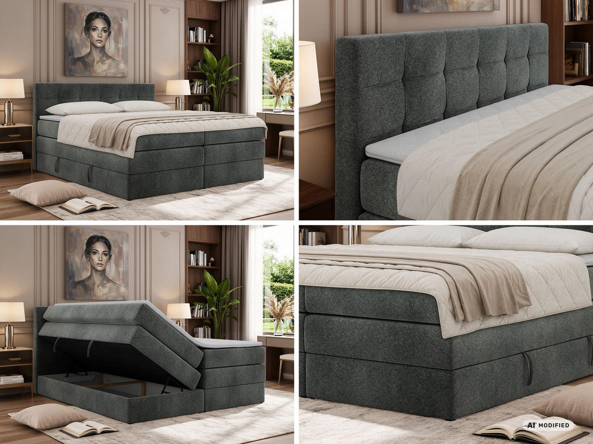 BOXSPRINGBETT SOLVEN KING 160/200 - Dunkelgrau Stukture - Topper Visco - H3 - Dunkelgrau/Schwarz, Kunststoff/Textil (160/200cm) - MKS