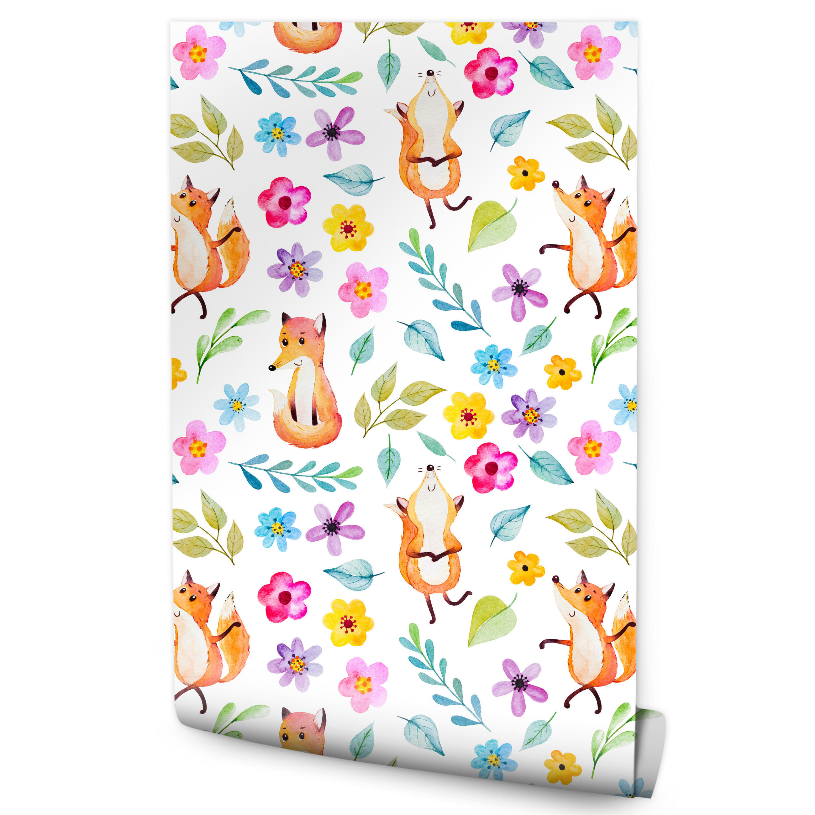 VLIESTAPETE Füchse und Wiesenblumen – Orange, Bunt, Weiß – 50x1000 cm - Multicolor/Orange, Papier (50/1000cm) - Muralo